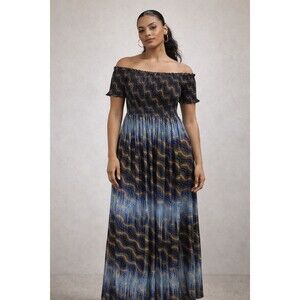 JinSeMingXia Maxi Dress Womens Large Metallic Blue Smocked Party Vacation Retro